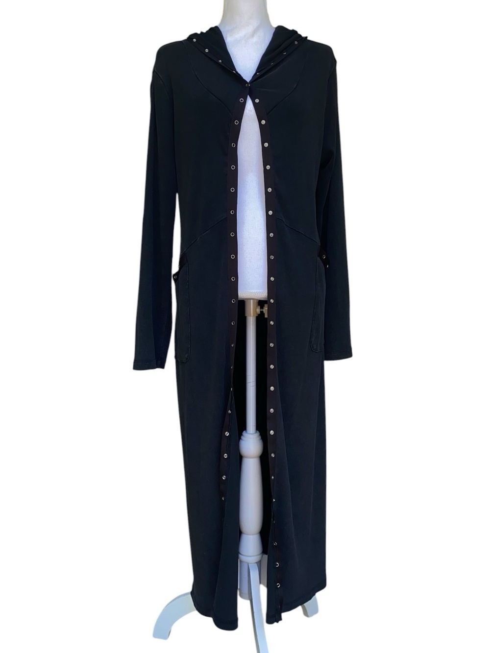 SOFT SURROUNDINGS Hooded Maxi Cardigan Duster Snap Details Black Size Medium